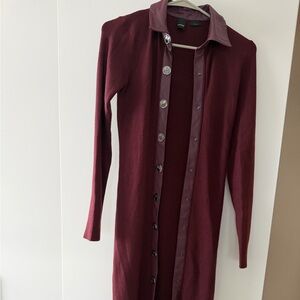 Pinko Long-Sleeve Button-Front Knit Dress in Burgundy